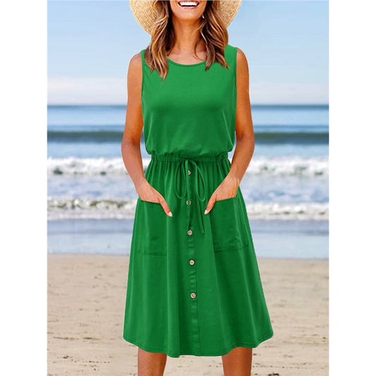 Summer Solid Color Round Neck Sleeveless Casual Dress