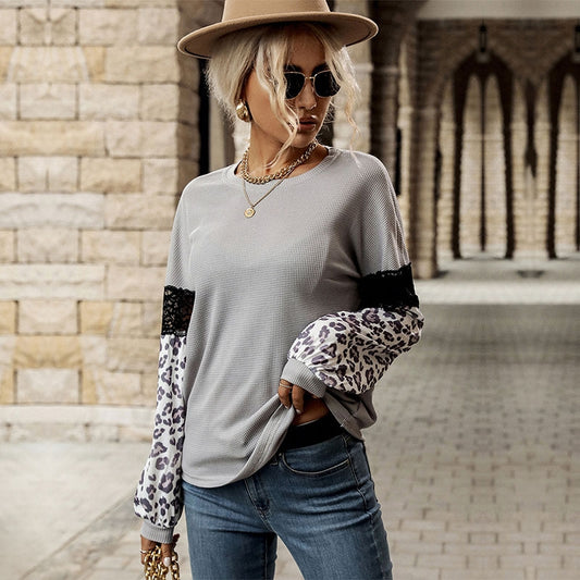 Paneled Leopard Print Long Sleeve Contrast Knitwear Top