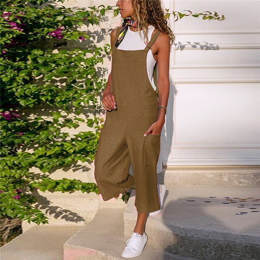 Solid Color Wide Leg Ramie Cotton Casual Loose Overalls