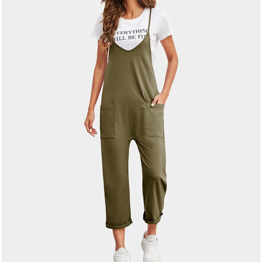 Solid Color Spaghetti-Neck Straight Leg Casual Loose Jumpsuits