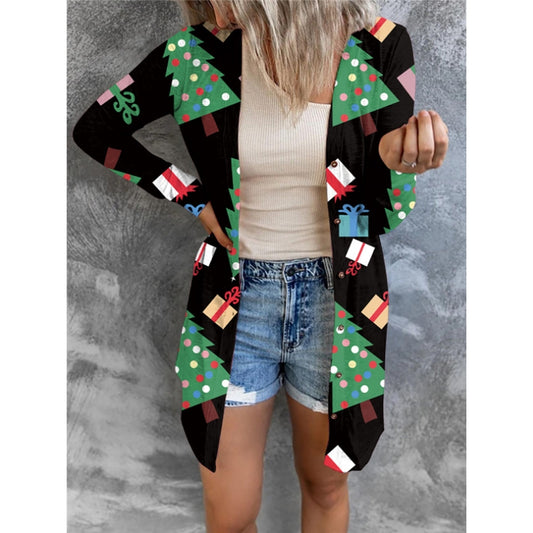 Christmas Outwears Tree Snowman Print Long Sleeve Cardigan