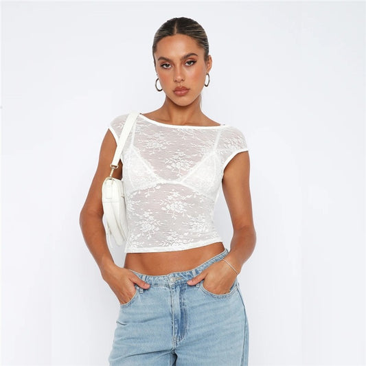 Solid Color Short Sleeves See-Through Mesh Backless Slim Tshirt Top