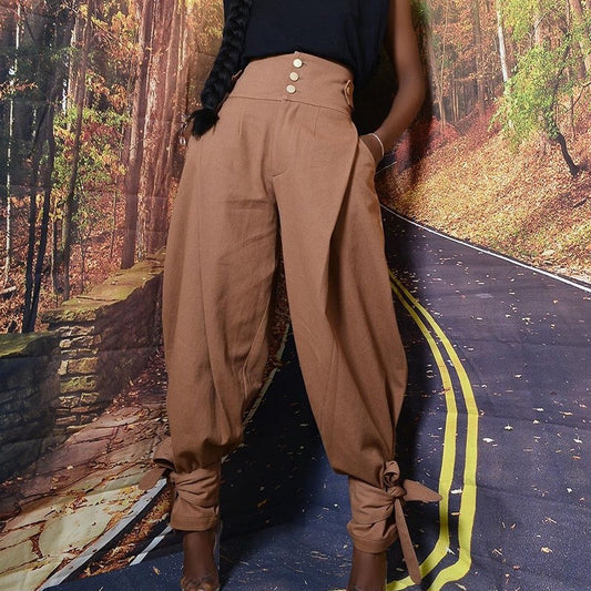 Solid Color High-Waisted Loose Casual Haren Ankle-Tied Pants