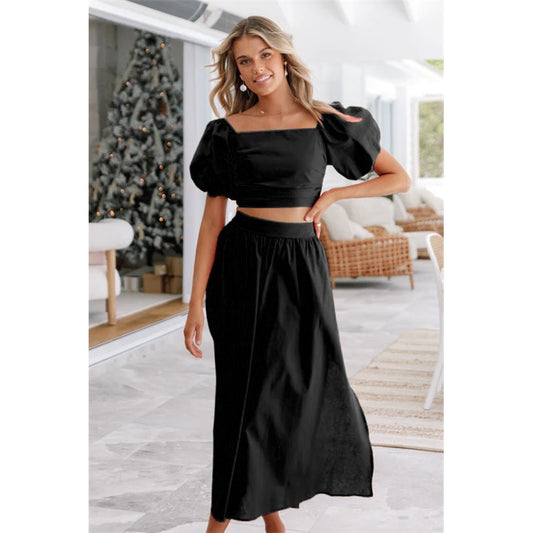 Women Bubble Sleeve Two-Piece Dresses