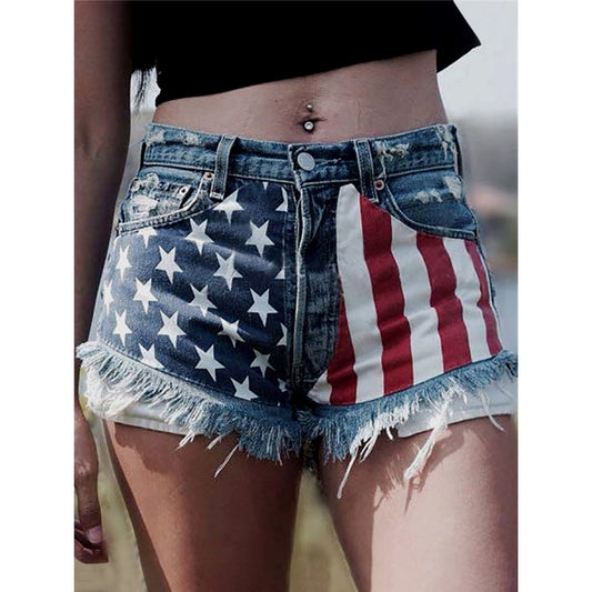 Flag Print Fringed Hem Denim Shorts