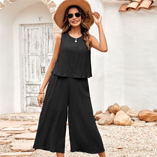 Solid Color Sleeveless Crewneck Wide Leg Casual Loose Jumpsuits