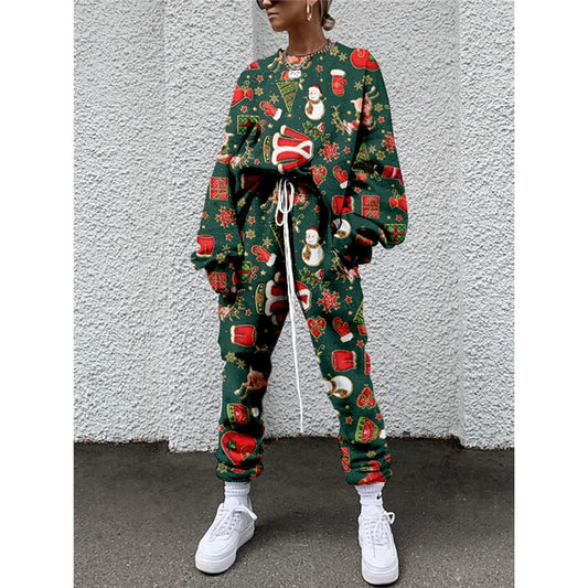 Christmas Print Loose Casual Round Neck Sweater Suit