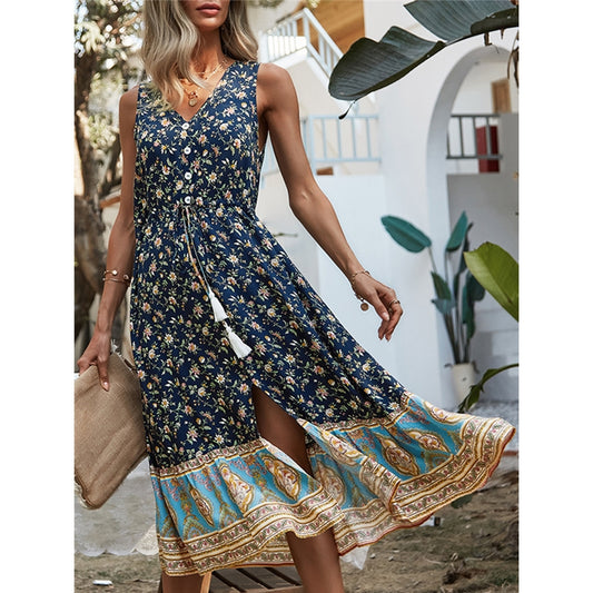 Floral Print Lace-Up Sleeveless Dress