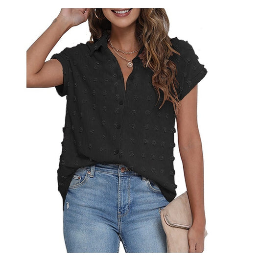 Loose Button Short Sleeve Shirt Hairball Chiffon