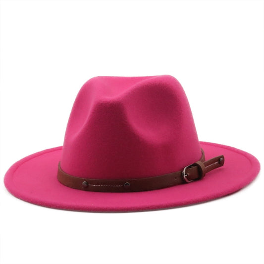 Wide Brim Wool Fedora Hat With Belt-Buckle