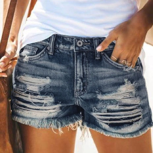 Women's High Waist Fringed Ripped Denim Shorts