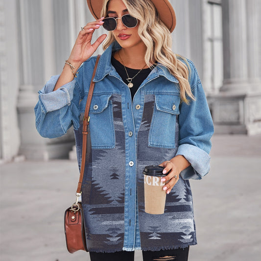 Casual Loose Long Sleeves Lapel Buttoned Printed Denim Jackets Outerwear