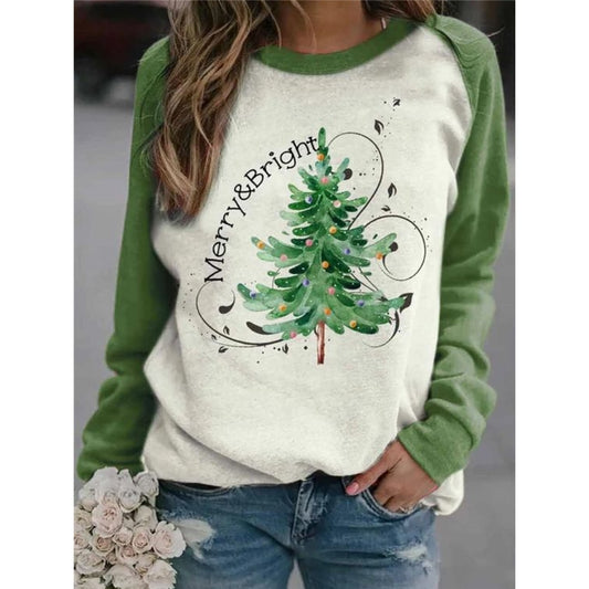 Merry Bright Christmas Tree Printed Casual Women's Holiday Casual Sweatshirt