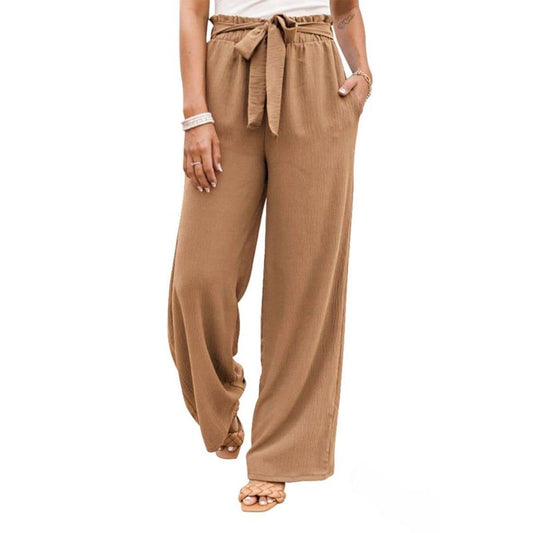 Solid Color Wide Leg Waist Tied Casaul Pants