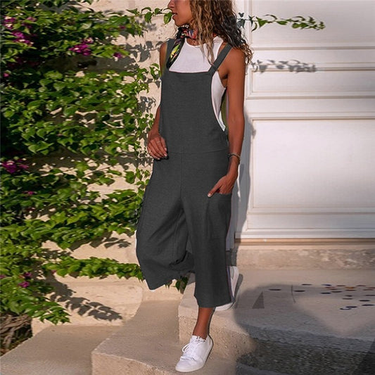 Solid Color Wide Leg Ramie Cotton Casual Loose Overalls