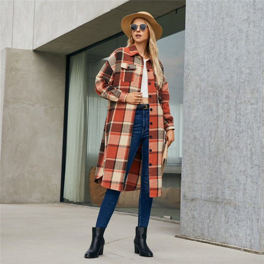 Mid-Length Plaid Single Breasted Retro Outerwear