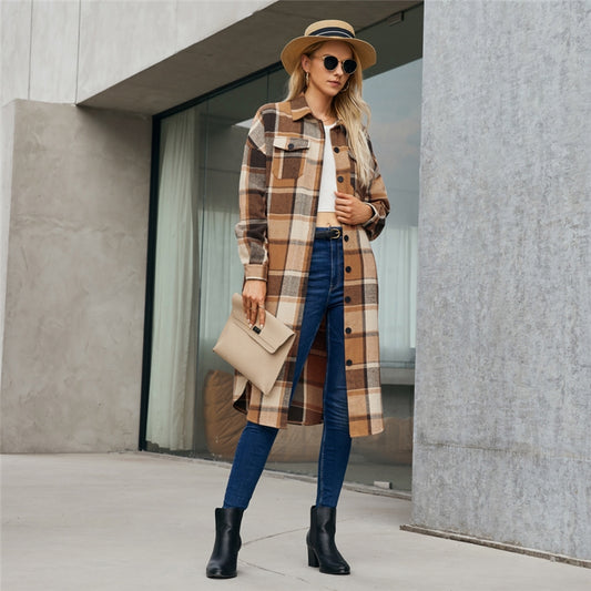 Mid-Length Plaid Single Breasted Retro Outerwear