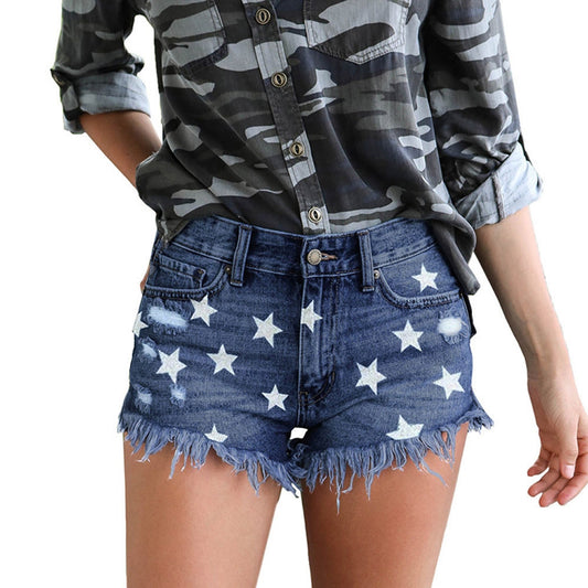 Middle Rise Ripped Stars Printed Fringed Denim Shorts