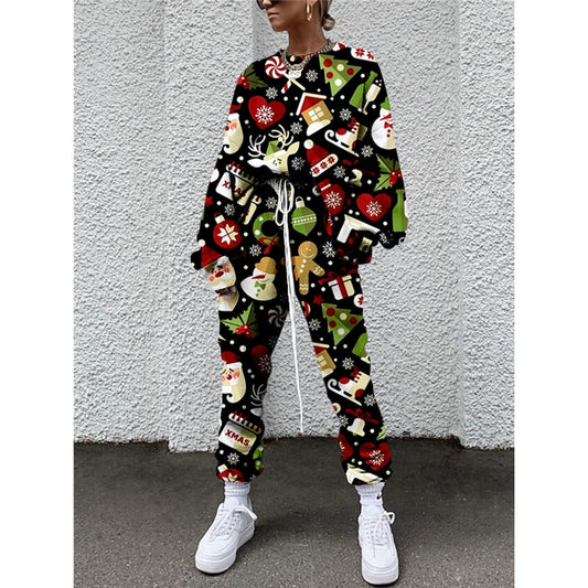 Christmas Print Loose Casual Round Neck Sweater Suit