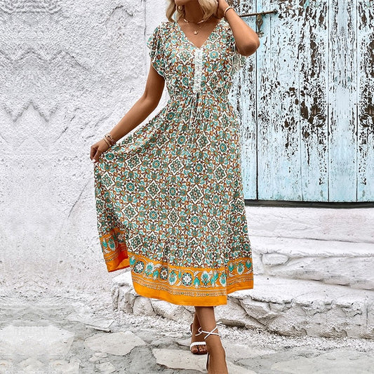 V-Neck High Waisted Short Sleeves Printing Boho Maxi Dress