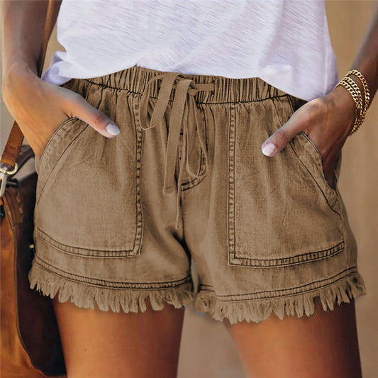 Elastic Waist Drawstring Tassel High-Waisted Denim Shorts