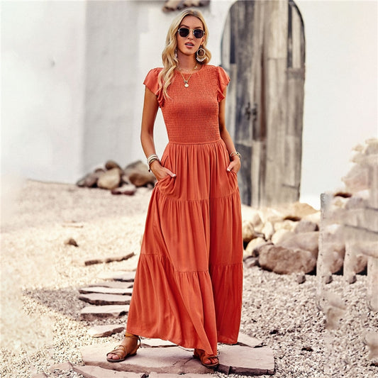 Solid Color Summer Elegant Round Neck Long Dress