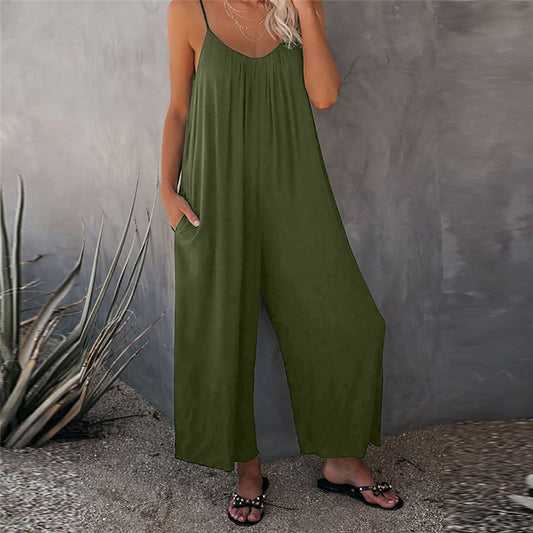 Spaghetti-Neck Solid Wide Leg Loose Jumpsuit