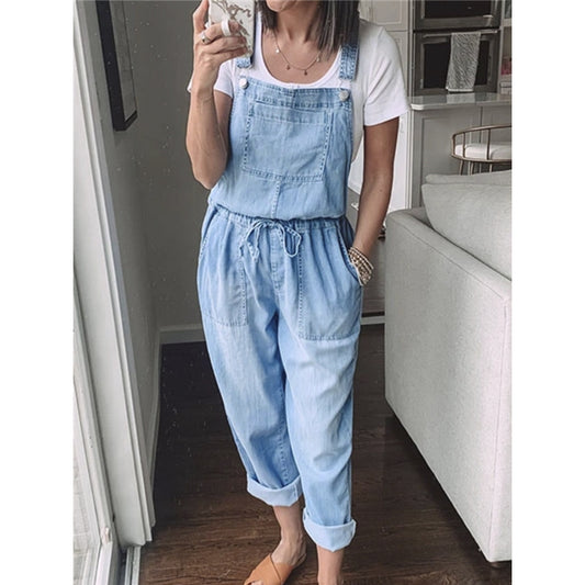 Elastic Waist Drawstring Denim Overalls