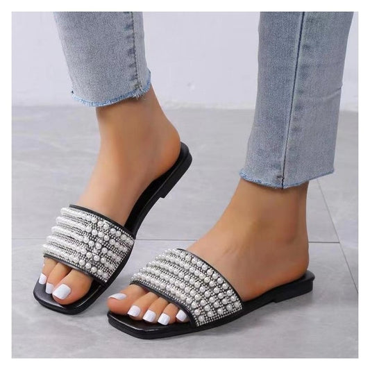 Casual Pearl Upper One-Line Low Heel Shoes