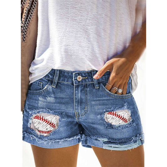 Baseball Pattern Ripped Denim Shorts