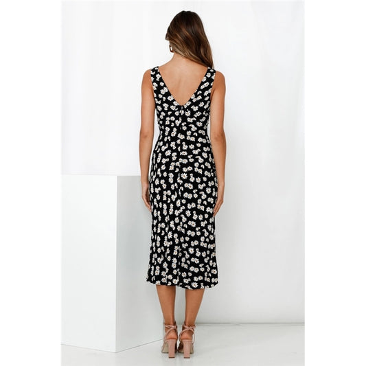 Daisy Print V-Neck Sleeveless Sling Dress