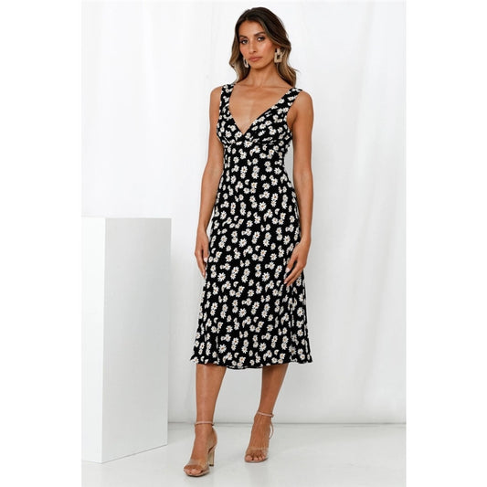 Daisy Print V-Neck Sleeveless Sling Dress