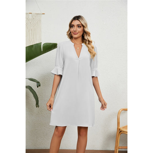 Summer Solid Color V-Neck Loose Fold Dress