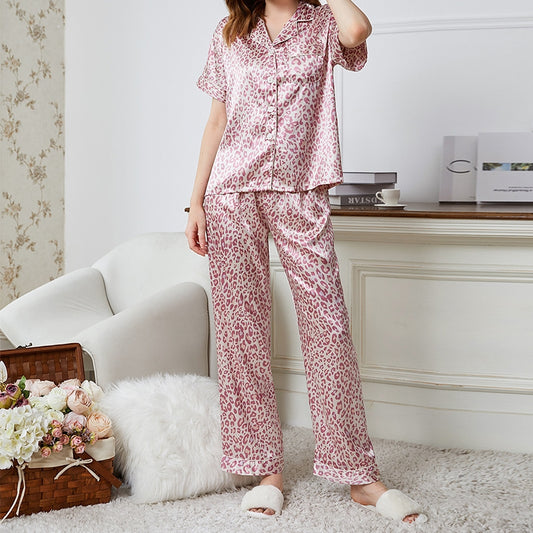 Casual Leopard Print Loungewear Set Summer Short Sleeve Button Ice Pajamas With Long Pants