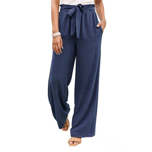 Solid Color Wide Leg Waist Tied Casaul Pants