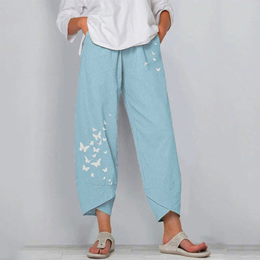 Casual Loose Ramie Cotton Wide Leg Printing Pants