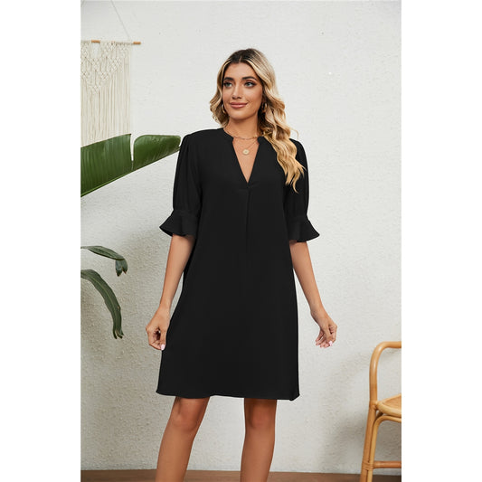 Summer Solid Color V-Neck Loose Fold Dress