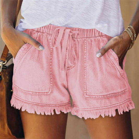 Elastic Waist Drawstring Tassel High-Waisted Denim Shorts