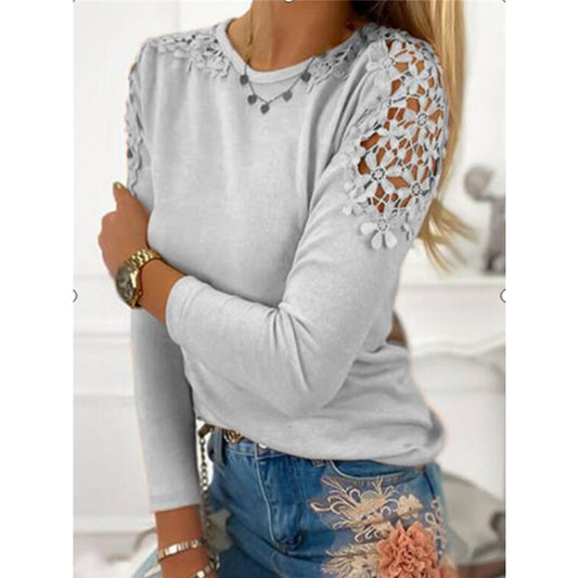 Pure Color Slim Lace Hollow Long Sleeve T-Shirt