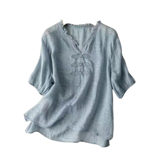 Women's Organic Cotton  V-Neck Short Sleeve Loose Shirt