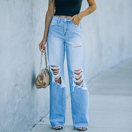 Simple Loose Mid-Waist Ripped Jeans