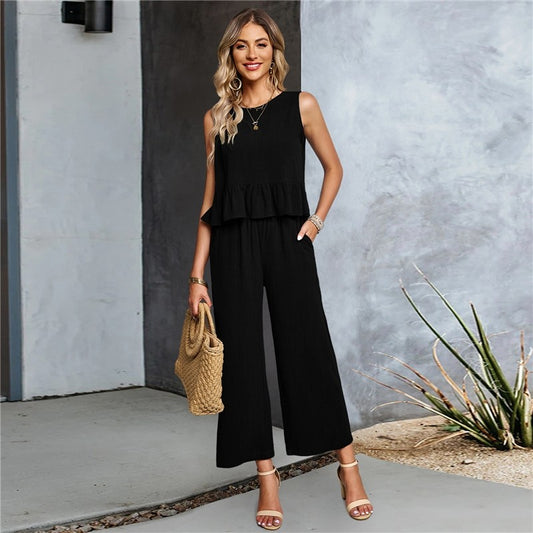 Solid Color Crewneck Ruffled Tank Top And  Wide Leg Pants Two Pieces Suits