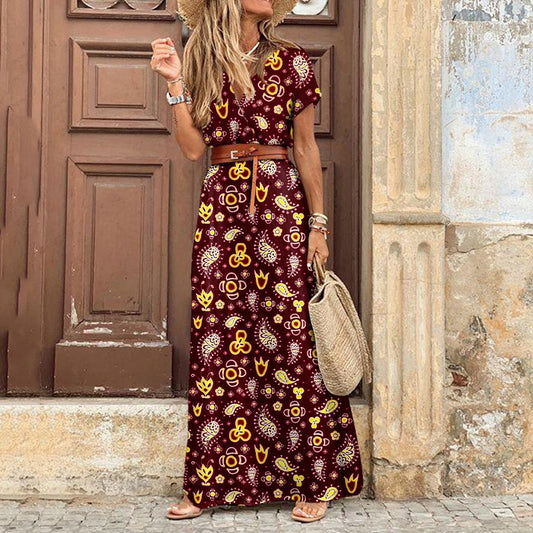 Short-Sleeved V-Neck Printed Floral Maxi Dress