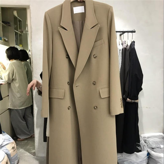 Solid Color Long Sleeve Lapel Retro Long Blazer Outerwear