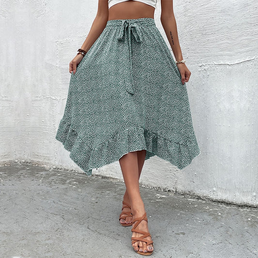 Printing Waist Tied Irregular Ruffled Skirt