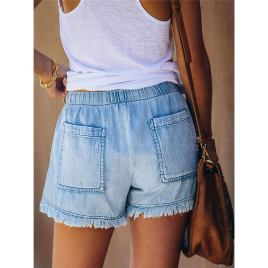 Women High-Waisted Laced Tassel Denim Shorts