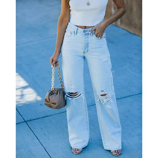 Women's Light Color Denim Wide Leg Trousers