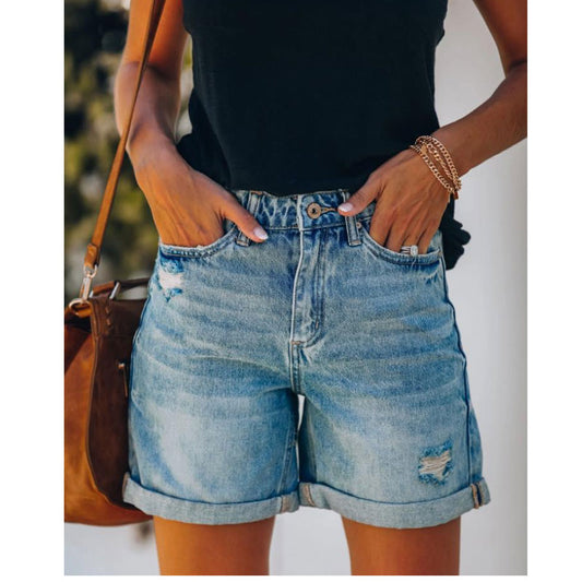 Casual Ripped Rolled Denim Shorts