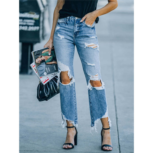 Frayed Hem Ripped Straight Leg Jeans