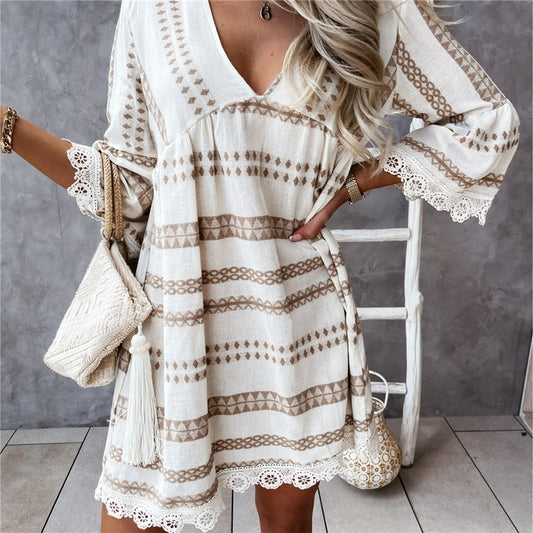 Mid Sleeve Printed Lace Cuff Dress